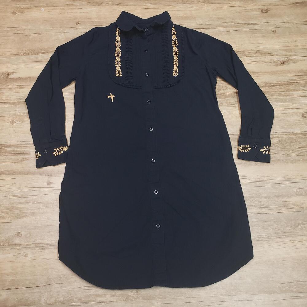 Mi Golondrina Dress Womens Small Blue Embroidered Shirt Dress Long Sleeve Floral